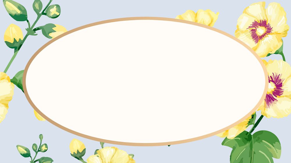 Editable oval floral frame, watercolor yellow hollyhocks design