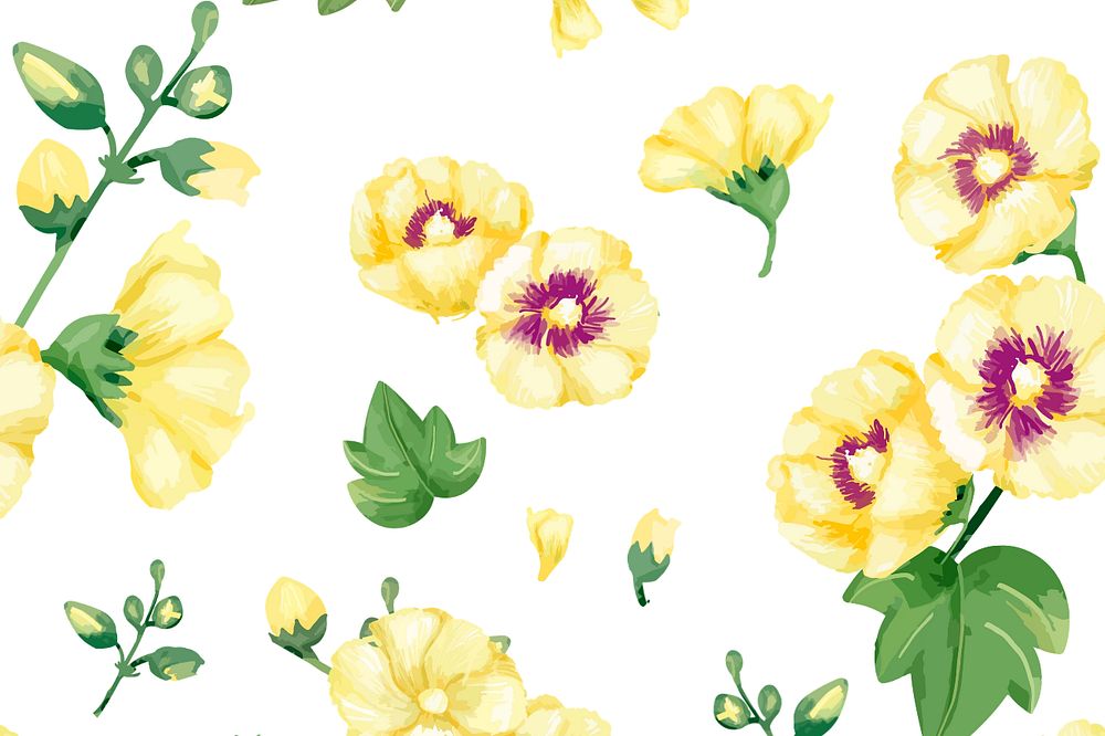 Watercolor yellow hollyhocks pattern background, editable flower design