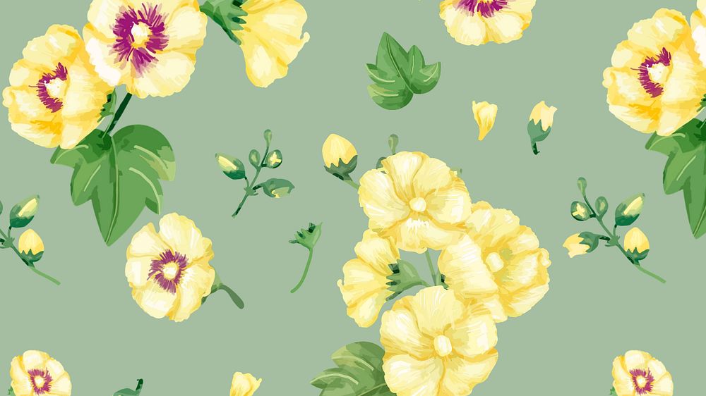 Watercolor yellow hollyhocks desktop wallpaper, editable flower design