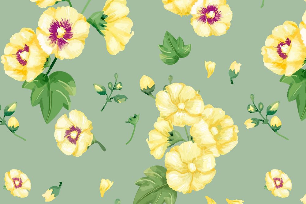 Watercolor yellow hollyhocks pattern background, editable flower design