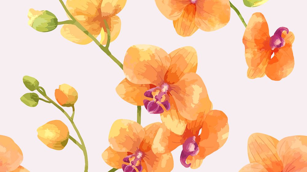 Watercolor orange orchid desktop wallpaper, editable flower design