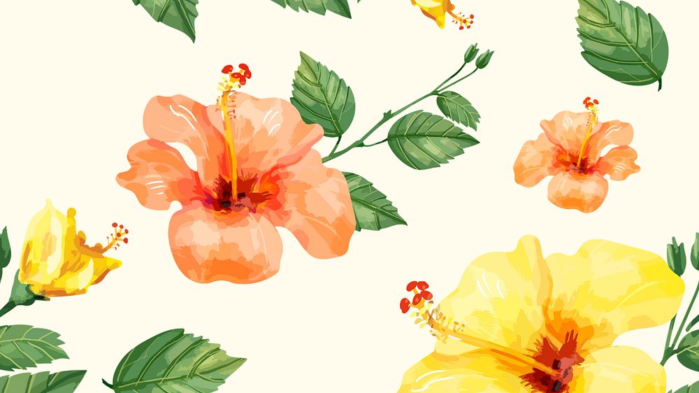 Yellow hibiscus desktop wallpaper, editable watercolor flower design