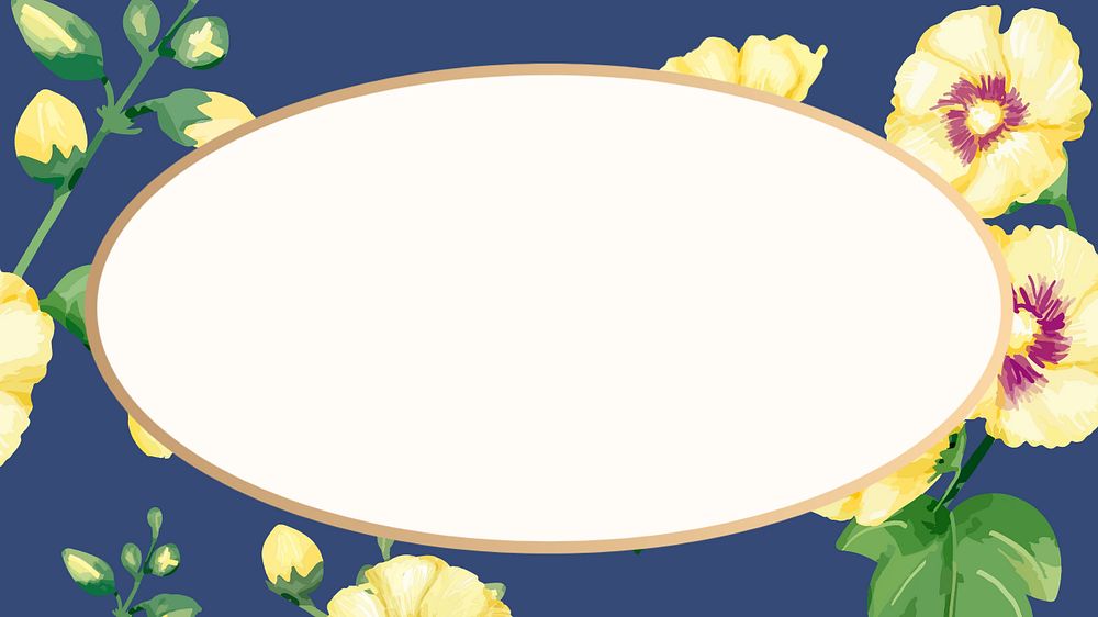 Editable oval floral frame, watercolor yellow hollyhocks design