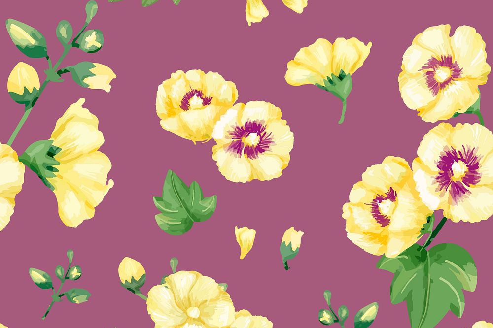 Yellow hollyhocks pattern background, editable watercolor flower design