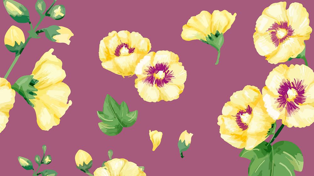 Watercolor yellow hollyhocks desktop wallpaper, editable flower design