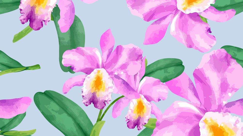 Cattleya orchid desktop wallpaper, editable watercolor flower design