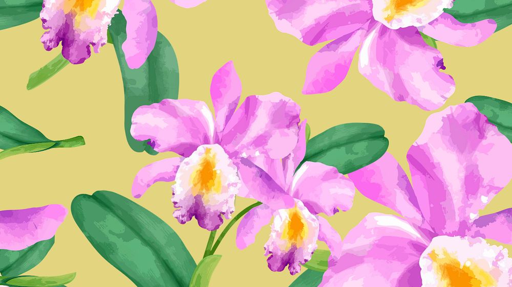 Watercolor cattleya orchid desktop wallpaper, editable flower design