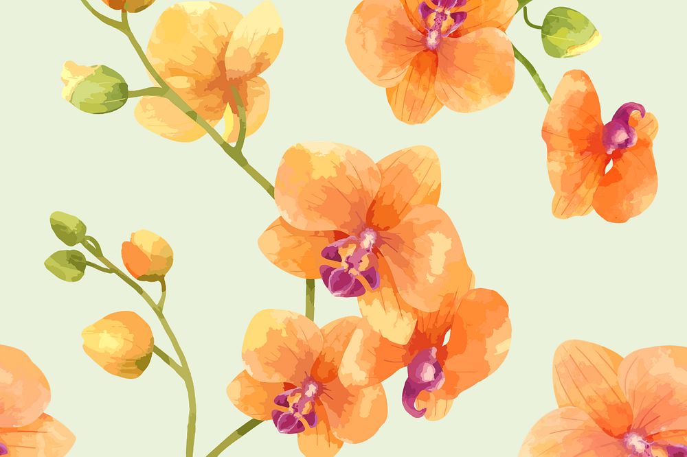 Orange orchid pattern background, editable watercolor flower design