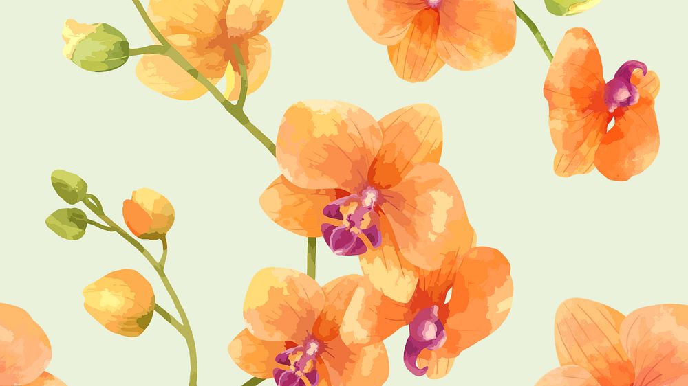 Orange orchid desktop wallpaper, editable watercolor flower design