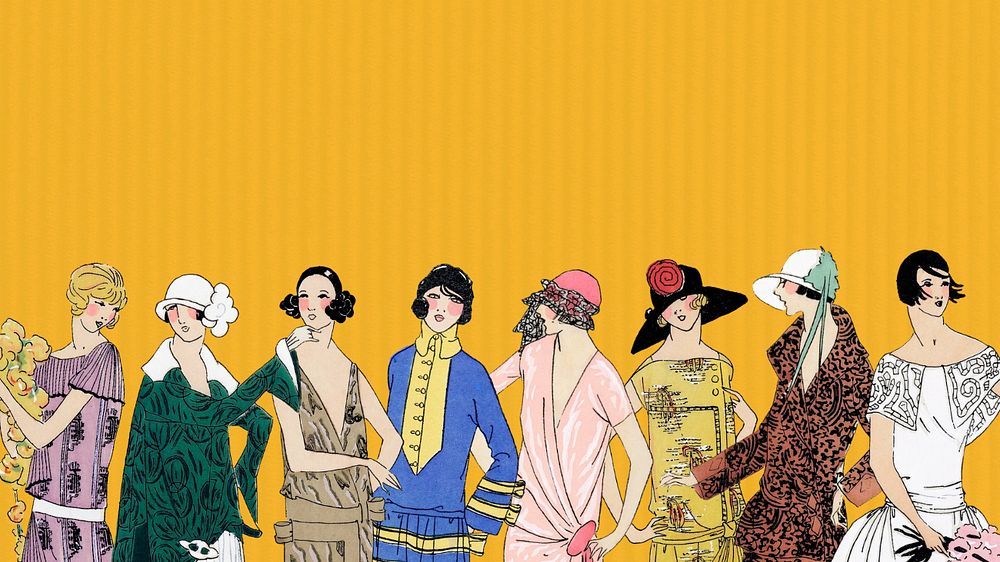 Vintage women’s fashion desktop wallpaper, editable 1920's outfits border design