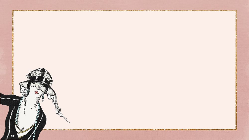 Pink gold frame desktop wallpaper, editable vintage woman art deco design