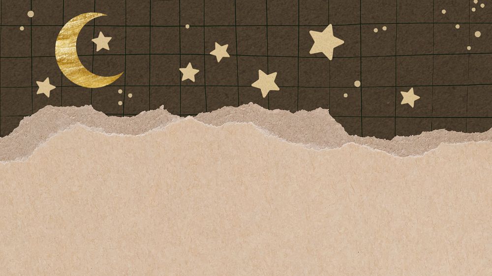 Ripped brown paper desktop wallpaper, moon & star, collage notepaper decoration editable design