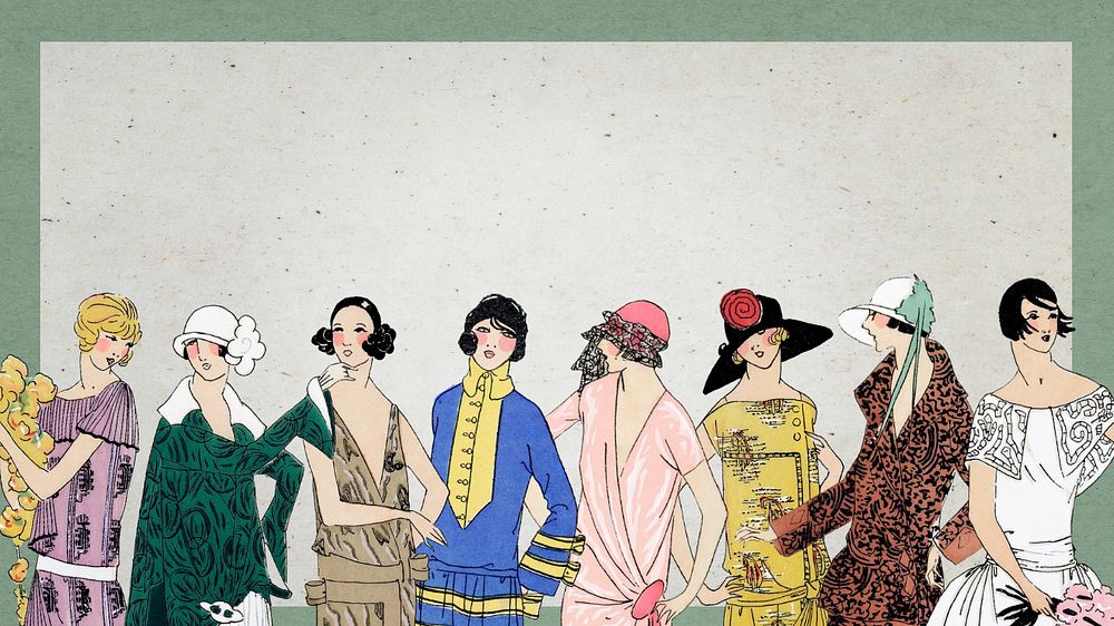 Vintage women’s fashion desktop wallpaper, editable 1920's outfits border design