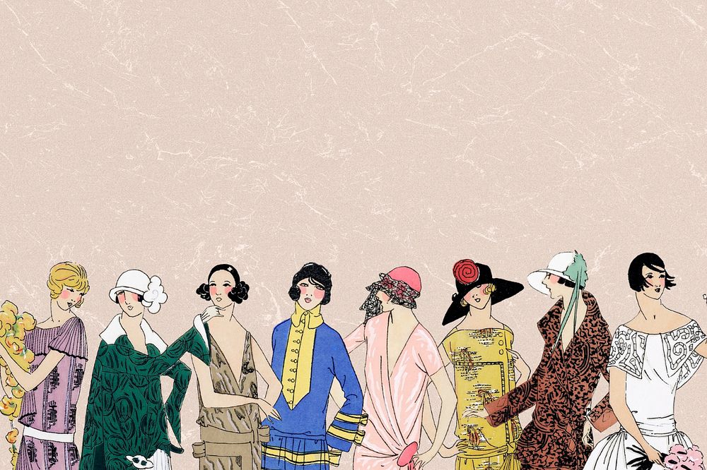 Vintage women’s fashion beige background, 1920's outfits border design