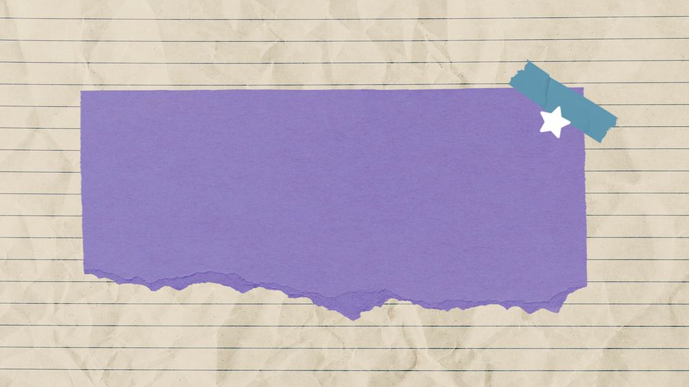 Torn rectangular paper desktop wallpaper, lined paper background, purple collage art editable design