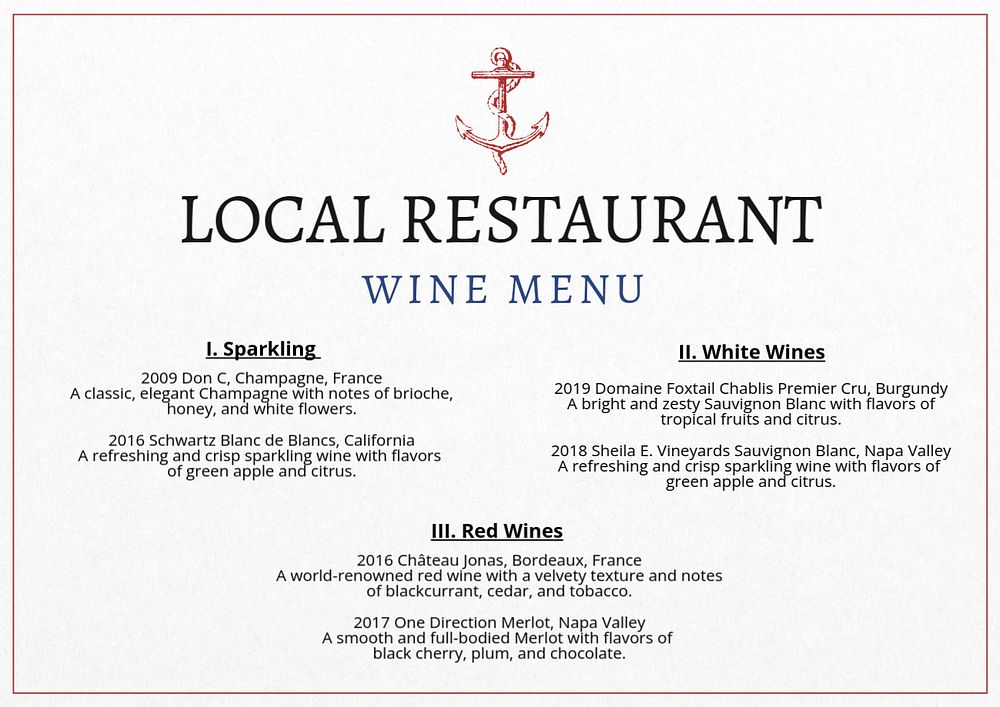 Wine menu template, editable text