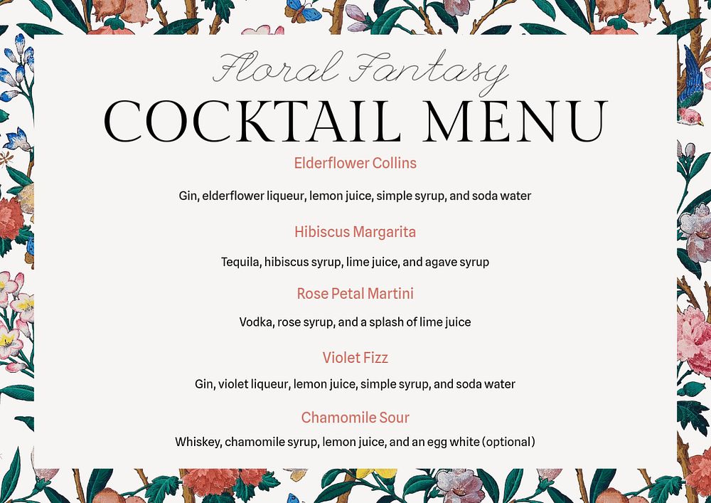 Cocktail menu template, editable design