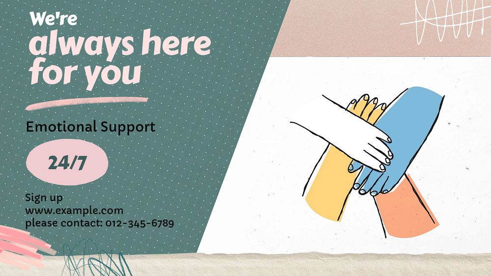 24/7 emotional support  Facebook cover template, editable design