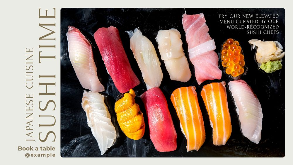 Sushi time blog banner template, editable text