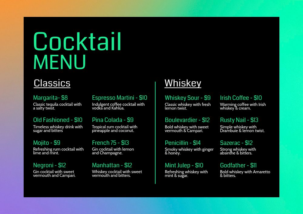 Cocktail menu template, editable design