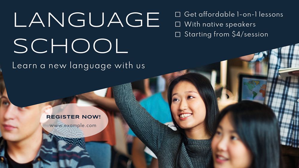 Global language school  blog banner template, editable text