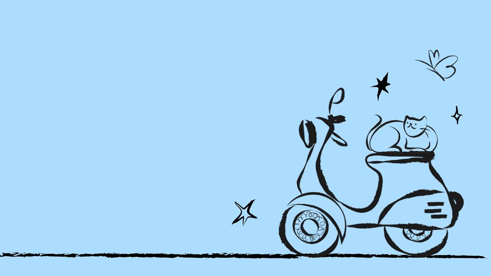 Cat on scooter desktop wallpaper, cute doodle background