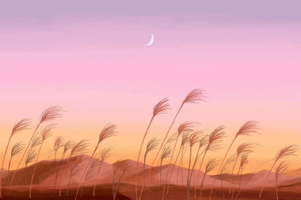 Editable sunset desert grass, painting illustration background