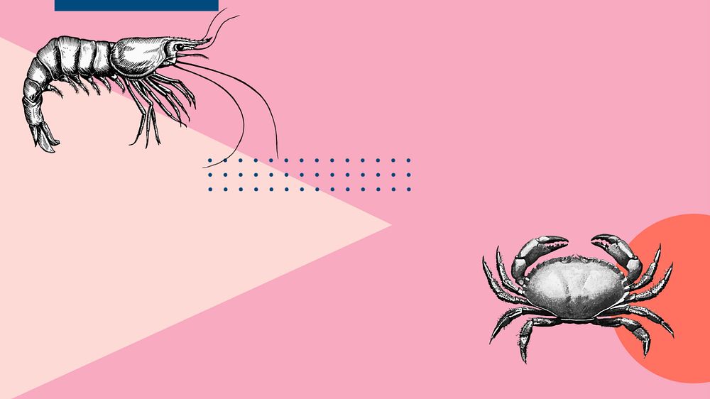 Pink abstract geometric HD wallpaper, editable  prawn and crab border