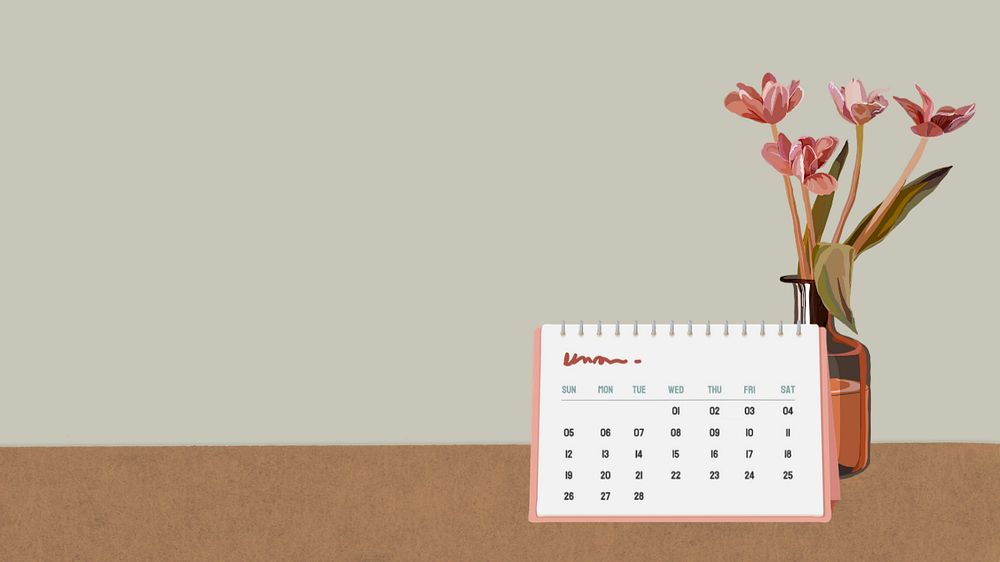 Desk calendar desktop wallpaper, editable feminine illustration design