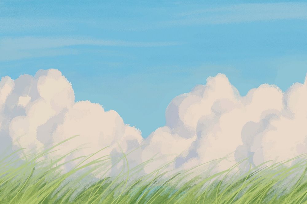 Editable blue sky grass, painting illustration background