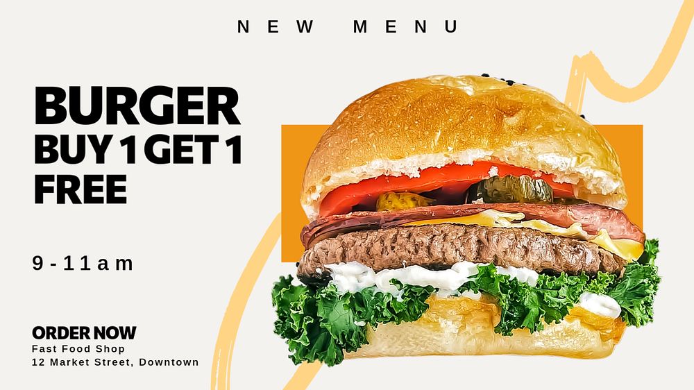 New menu, burger blog banner template, editable text