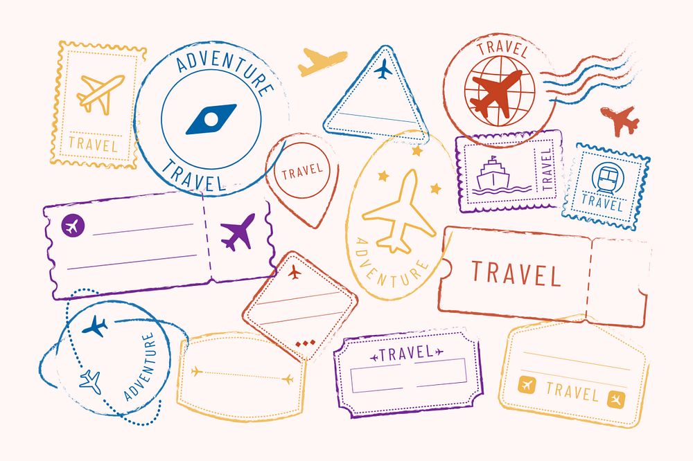 Doodle travel stamps set editable design