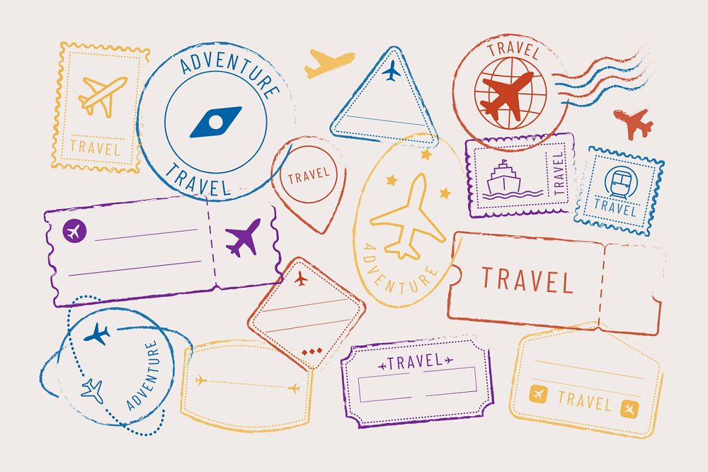 Colorful travel stamps set editable design