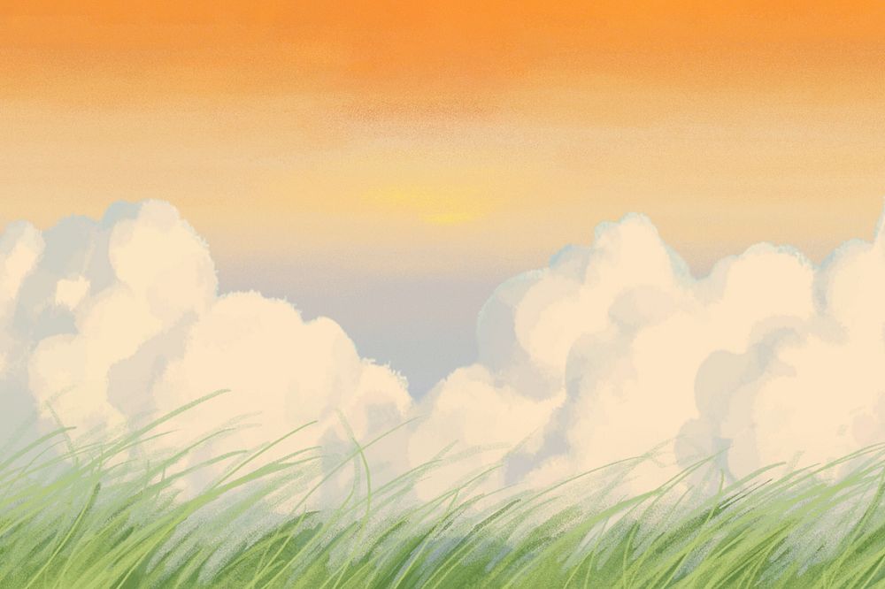 Editable sunset cloud grass, painting illustration background