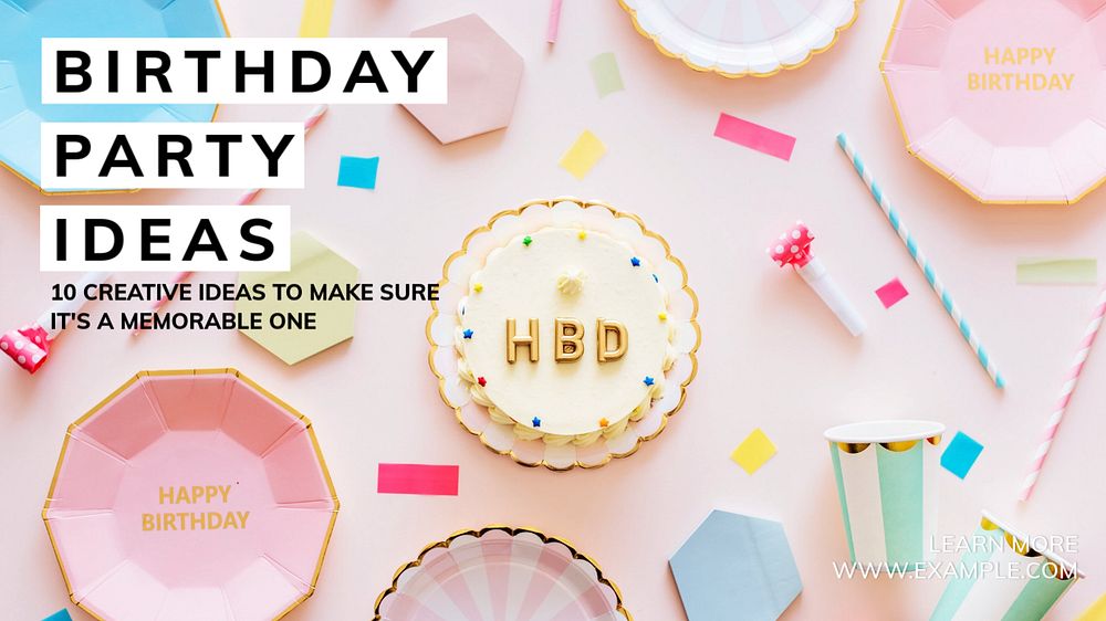 Birthday party ideas blog banner template, editable text