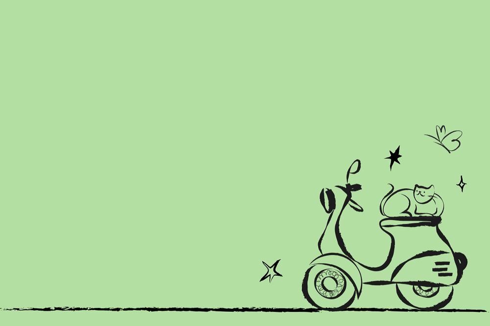 Editable cute cat on motorcycle, green background illustration remix