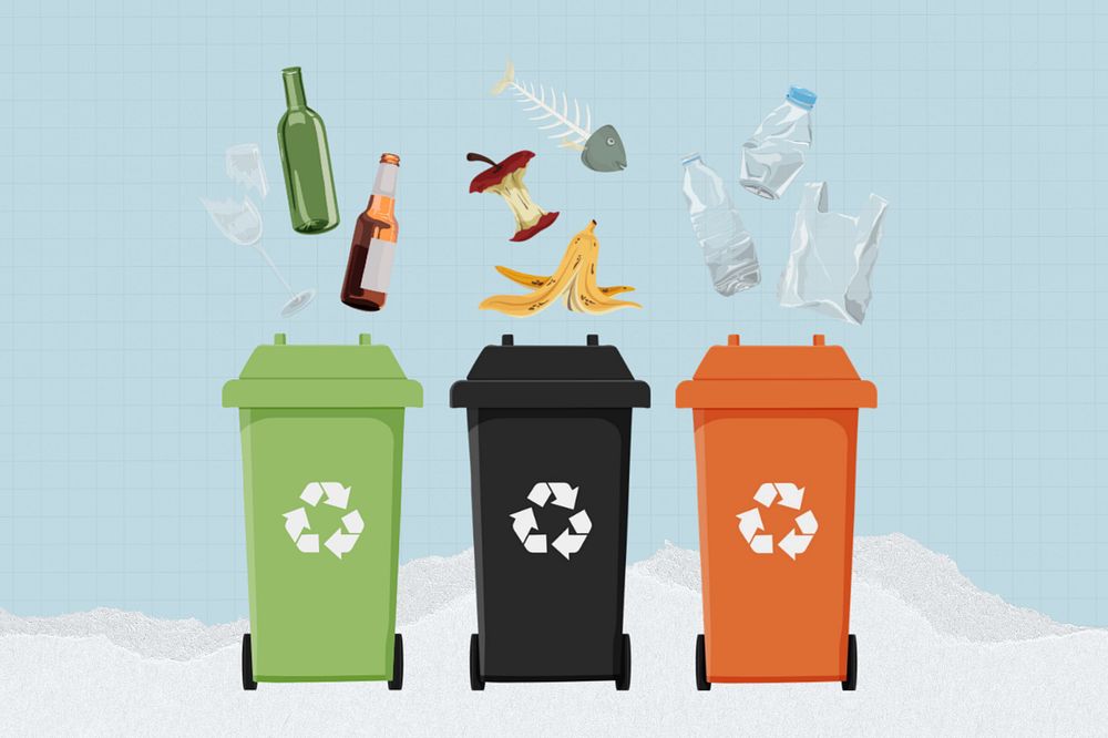 Editable recycling bins, sorted garbage illustration design