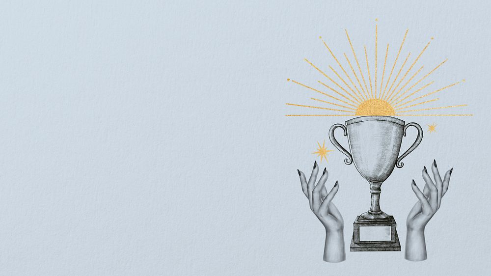 Trophy vintage illustration, blue desktop wallpaper, editable design