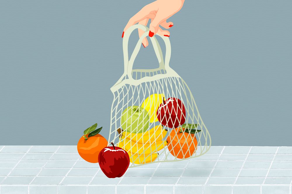 Reusable mesh bag background, editable eco-friendly product illustration design