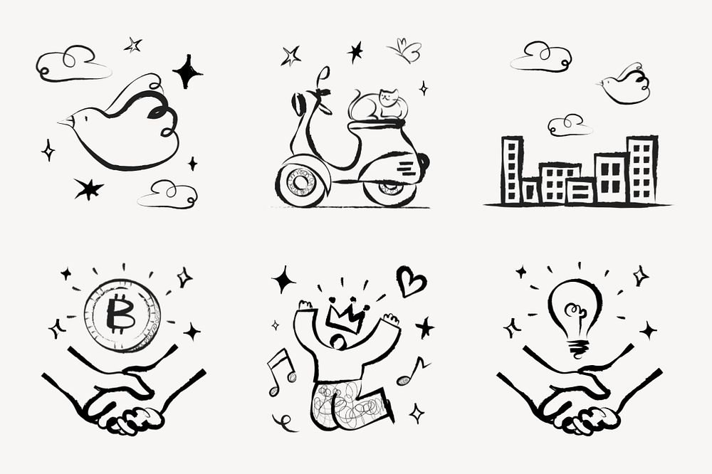 Cute line art doodle set in black and white, editable design