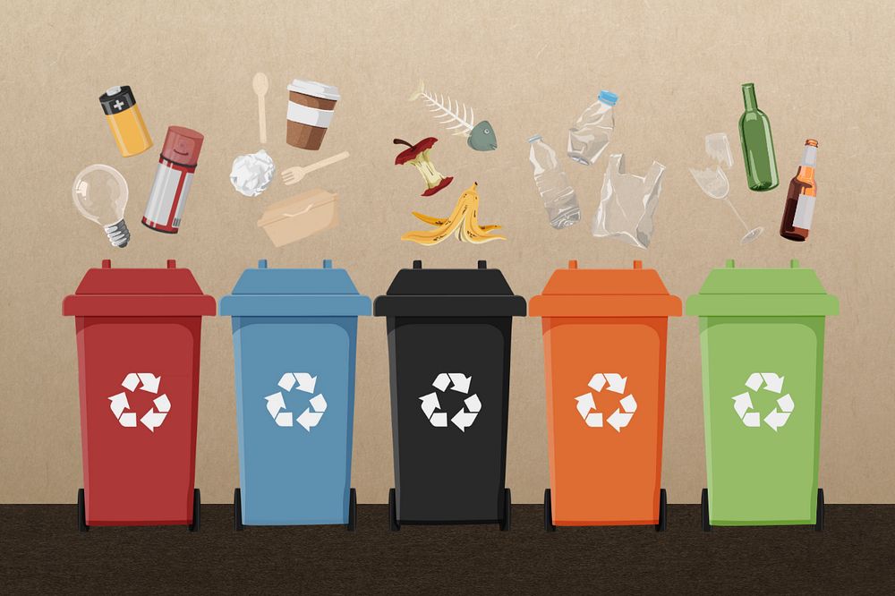 Sorted garbage, editable recycling bins illustration design