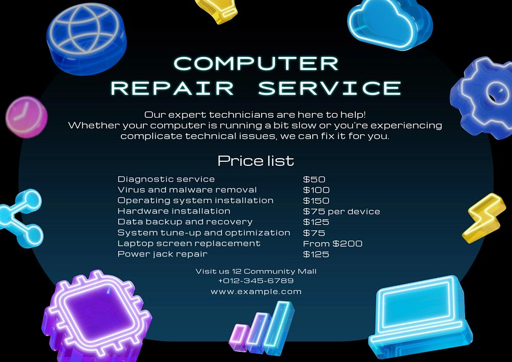 Computer service card template, editable text