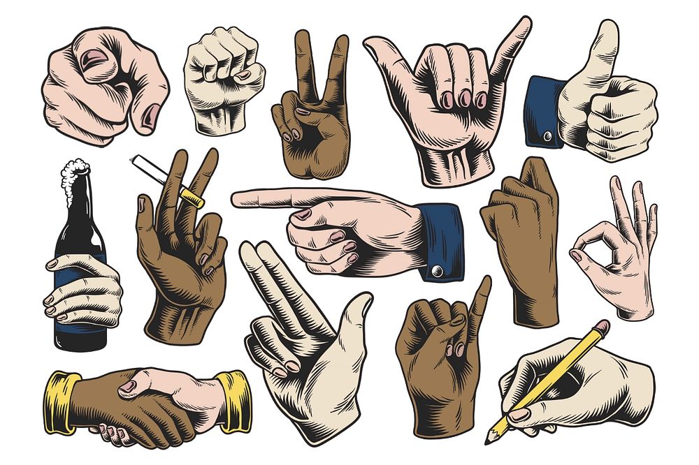 Vintage hand sign, gesture illustration set, editable design