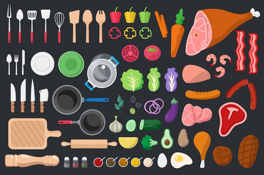 Kitchenware, vegetables & ingredients illustration set, editable design