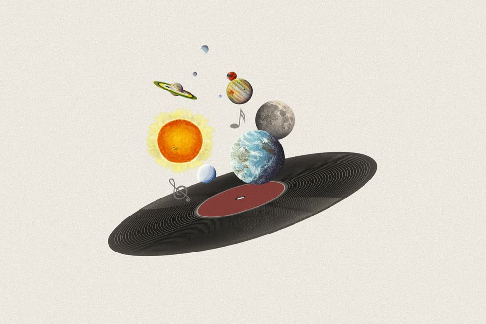 Floating planets on vinyl record, space editable remix