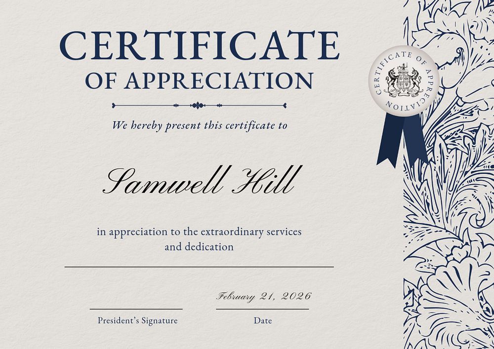 Certificate of appreciation template, editable design