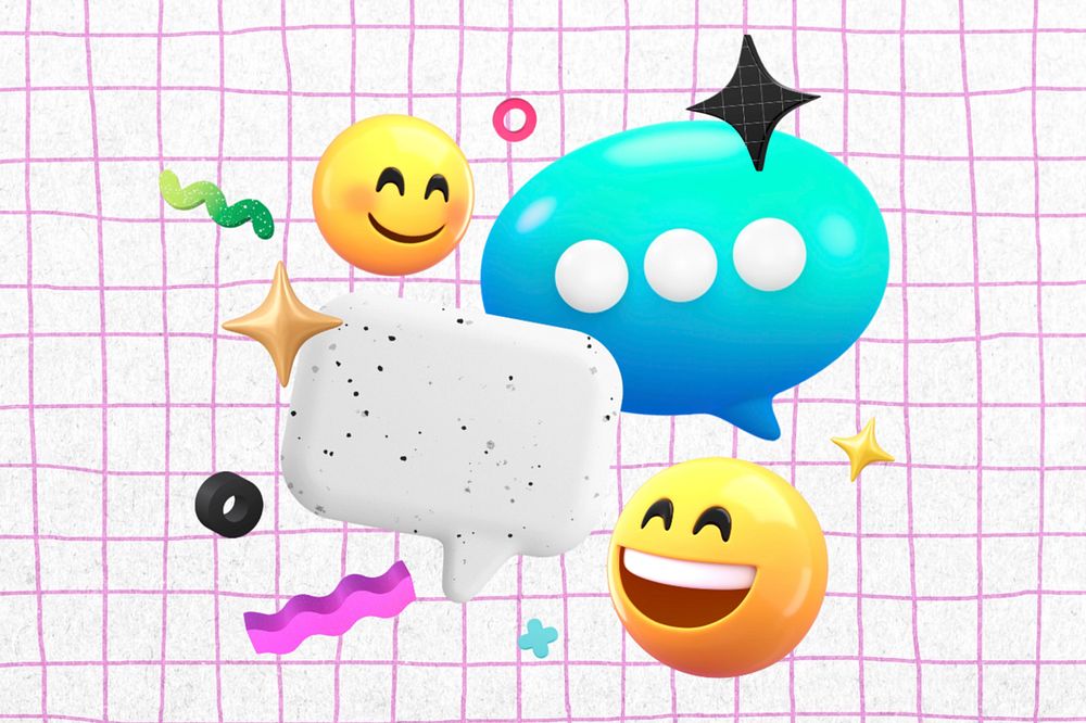 3D texting emoticons background, pink grid, editable design