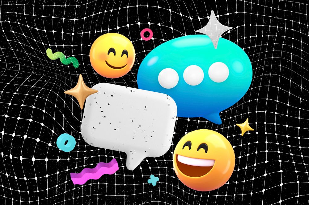 3D texting emoticons, black distorted grid, editable design