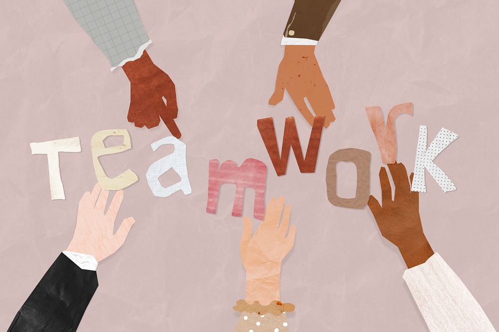 Teamwork word, paper diverse hands united collage, editable design