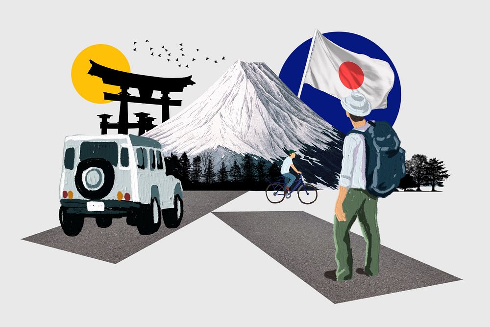 Japan trip, vacation collage illustration, editable design